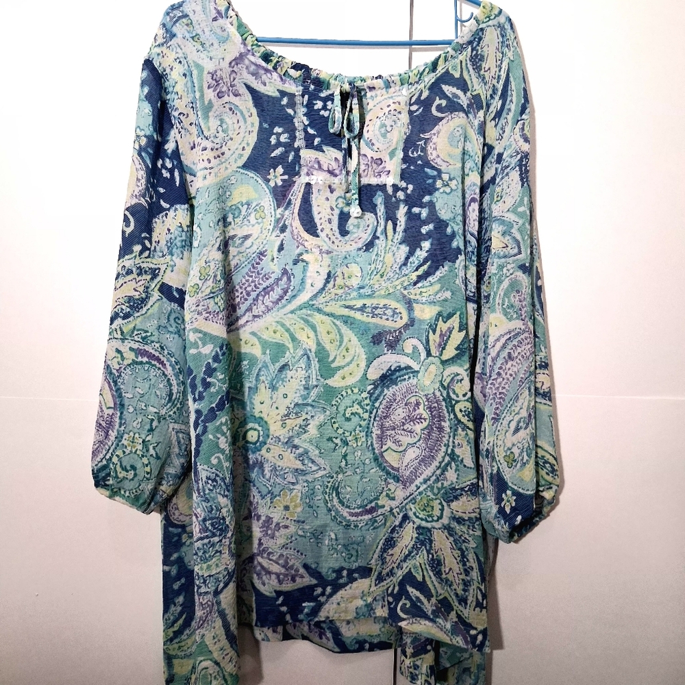 AVENUE Teal and Navy Paisley Blouse Size 30/32 Fit 4X 5X